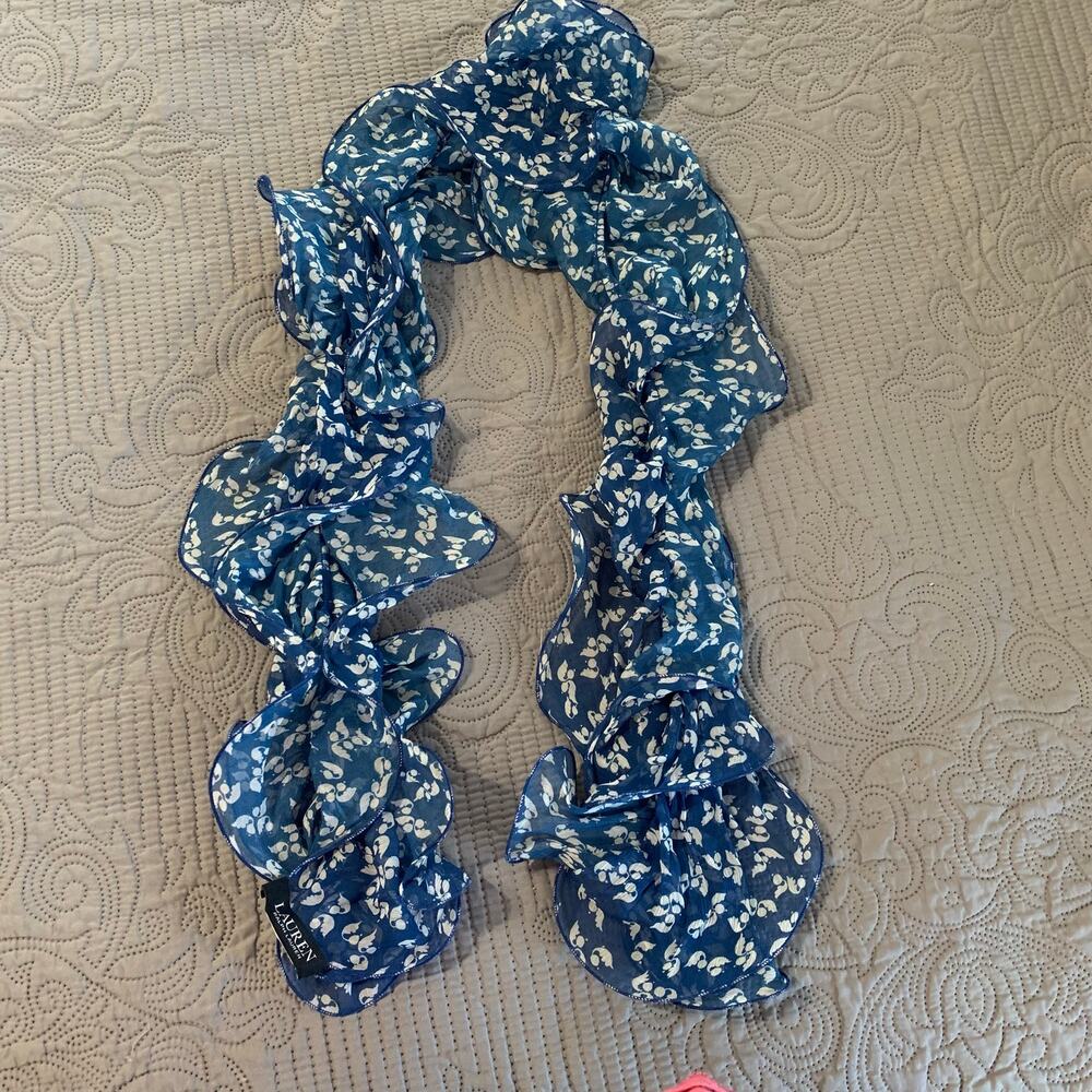 Lauren Ralph Lauren Blue Ruffled Floral Scarf – Lightweight Sheer Wrap, 54” Long